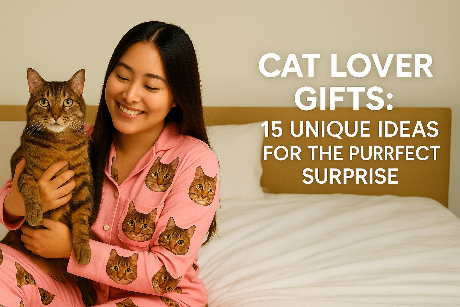 Smiling woman wearing pink pajamas printed with her brown tabby cat’s face, holding her cat on a cozy bed — perfect personalized gift idea for cat lovers