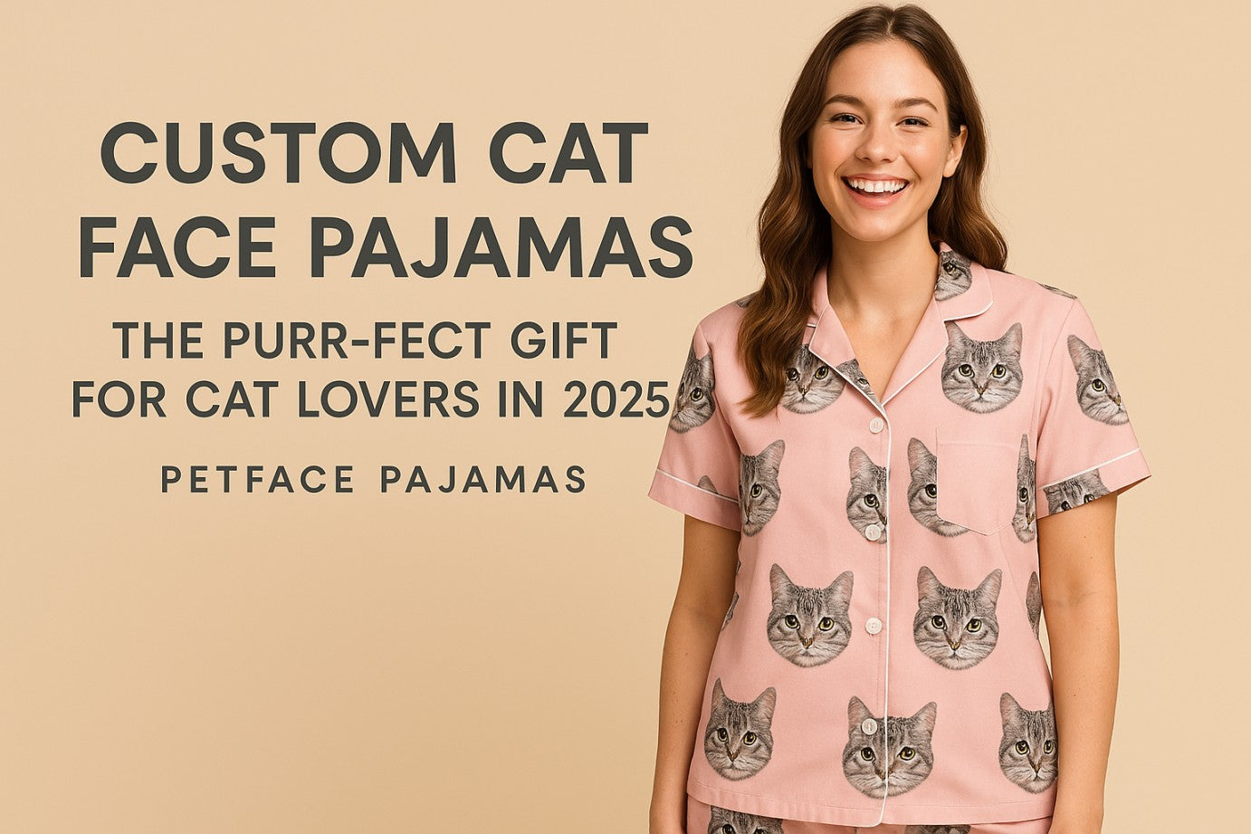 Custom cat face pajamas set featuring a button-up shirt with tabby cat photos, perfect personalized gift for cat lovers in 2025 – cozy and creative sleepwear from PetFace Pajamas