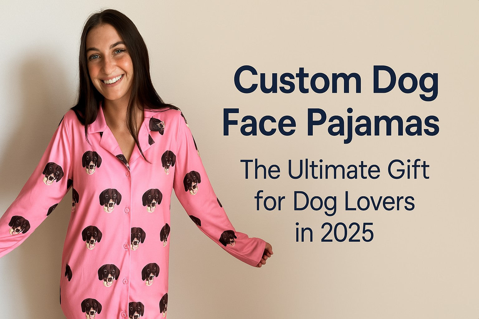 Smiling woman wearing custom dog face pajamas, perfect personalized dog gift for 2025, showcasing dog photo sleepwear