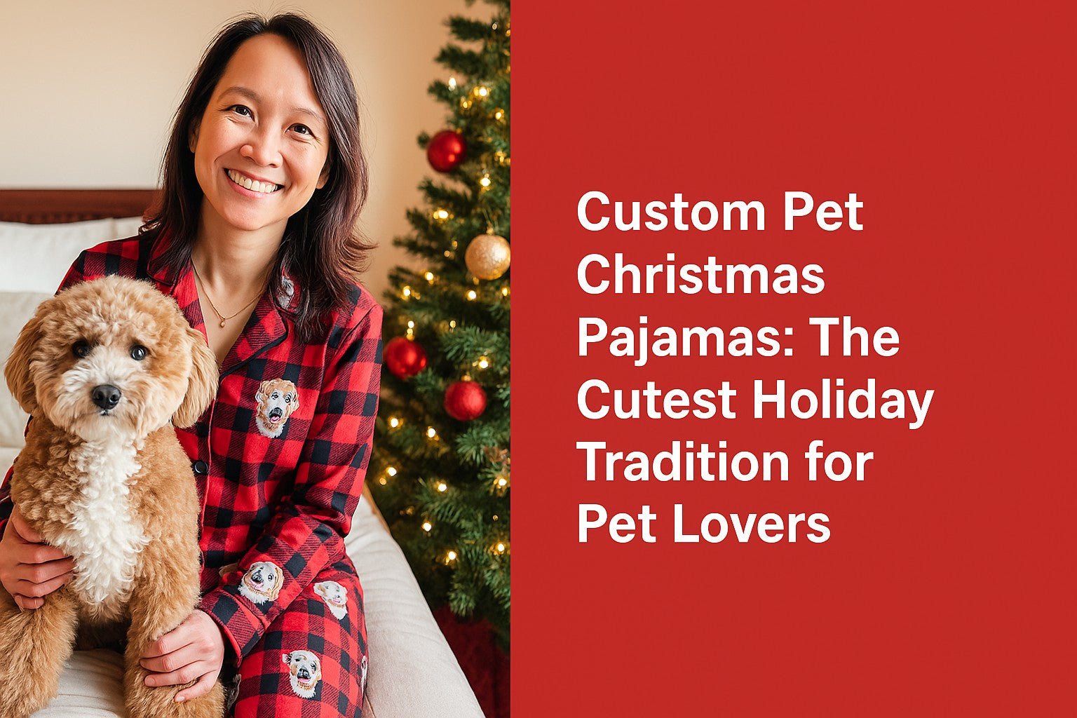 Smiling woman with curly dog in matching custom pet Christmas pajamas beside a holiday tree, representing personalized pet holiday sleepwear and pet face pajamas for Christmas