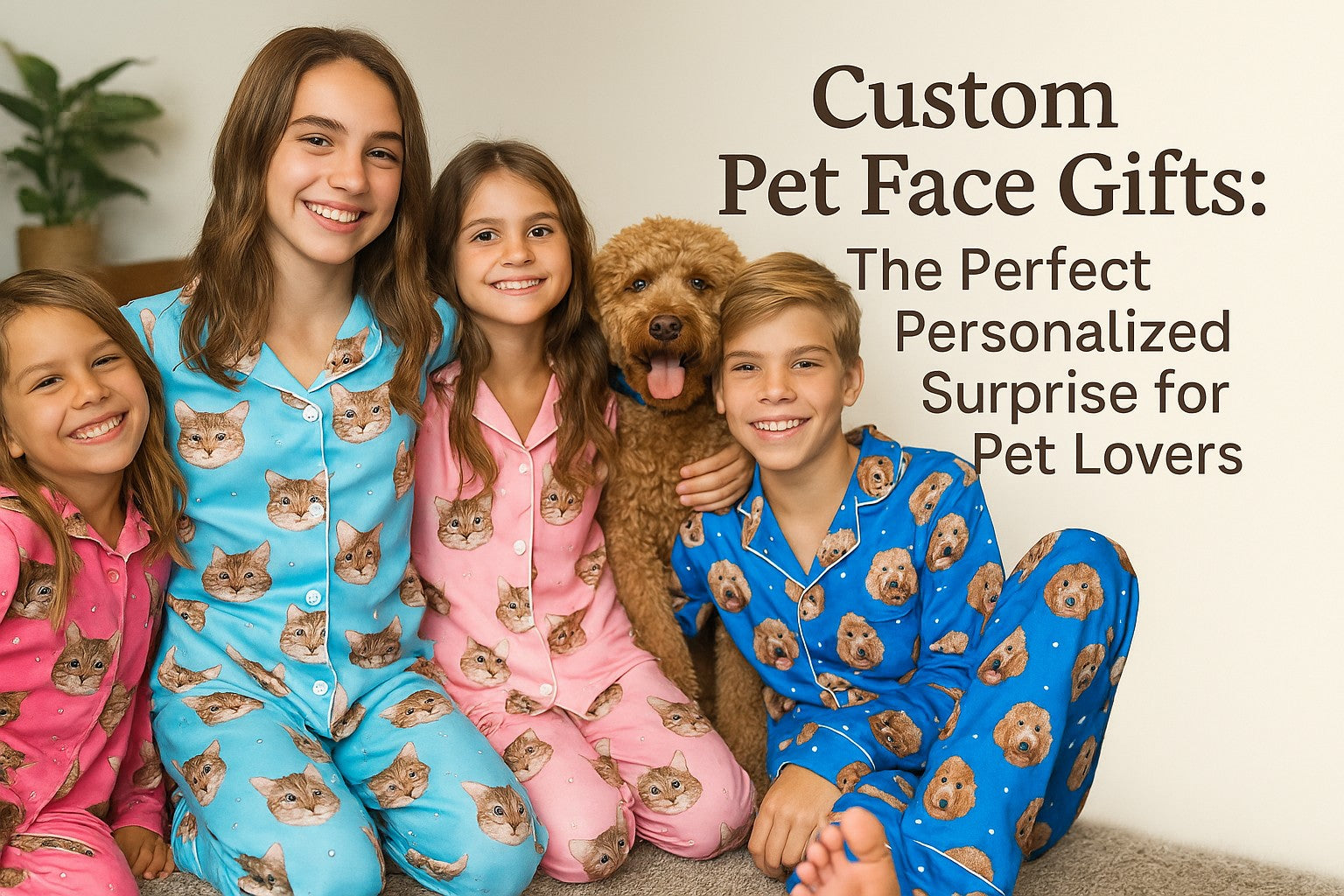 Custom pet face gifts featuring personalized pajamas with dog and cat faces, showcasing unique and cozy custom pet merchandise for pet lovers