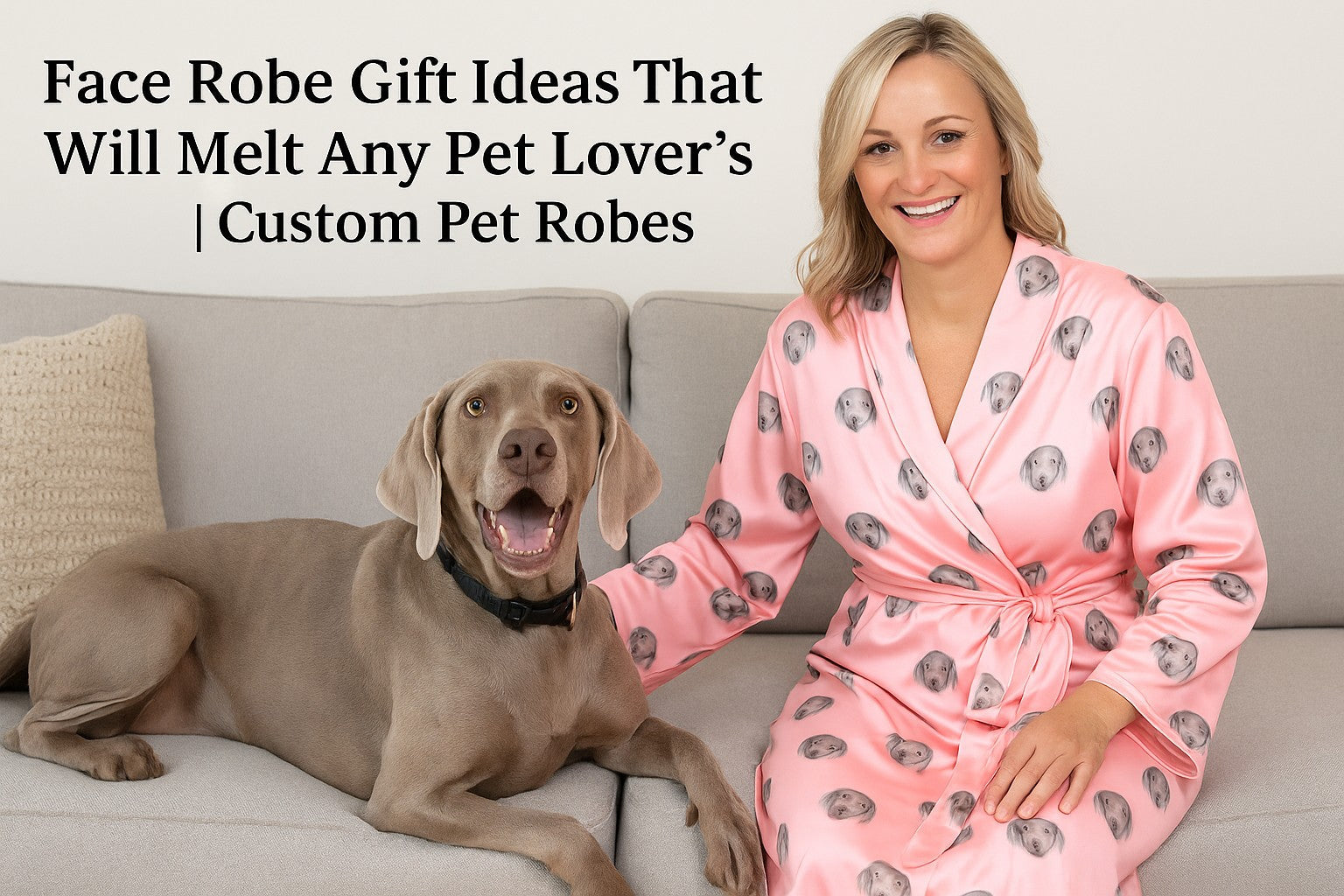 A woman wearing a custom pet face robe with her dog, showcasing a personalized pet photo bathrobe gift idea for pet lovers