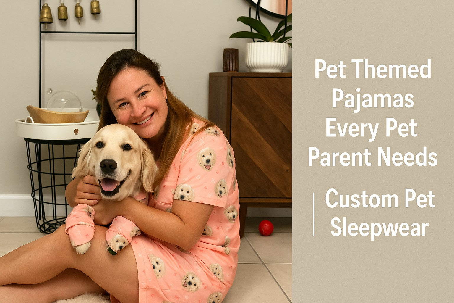 Banner image of woman in pet themed pajamas holding dachshund beside Christmas tree, promoting custom pet sleepwear and animal print pajama sets for pet parents