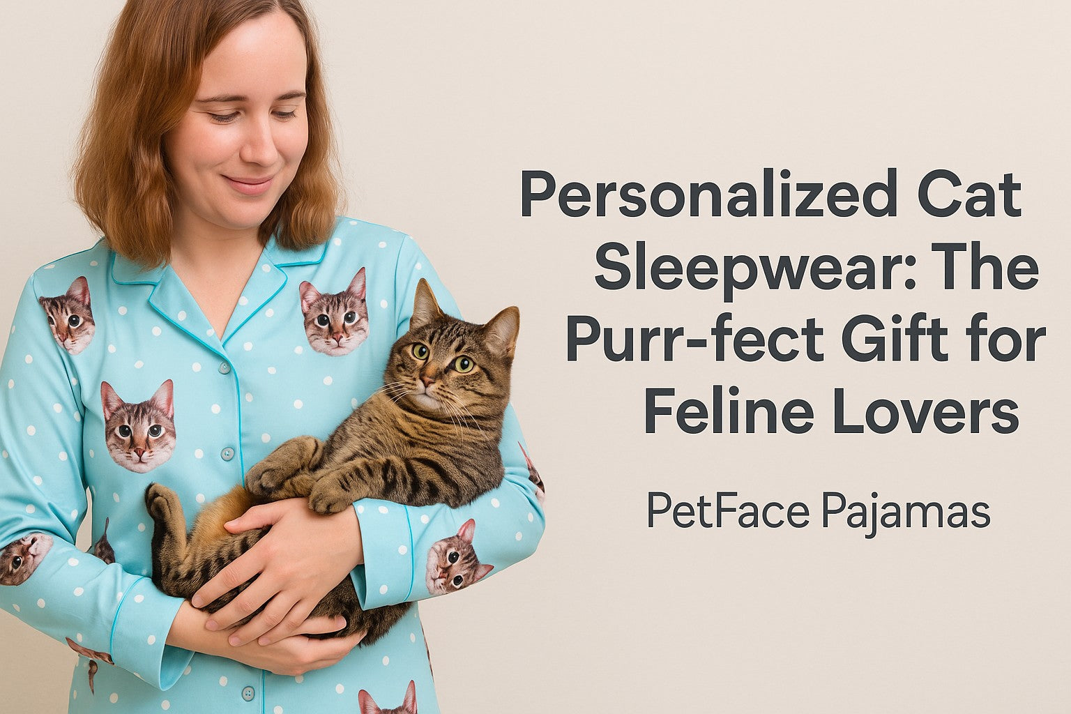 A smiling woman wearing blue personalized cat sleepwear with custom Siamese cat faces, promoting custom cat pajamas as the perfect gift for feline lovers.