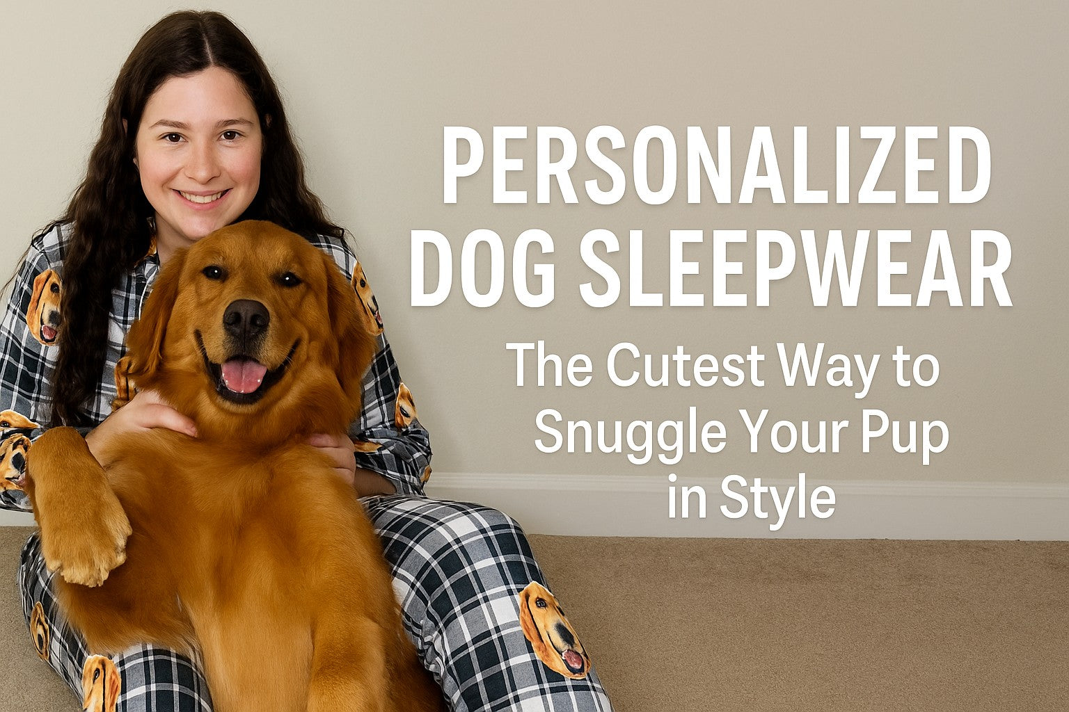 Woman and golden retriever wearing personalized dog sleepwear with custom dog pajamas and dog face nightwear pattern