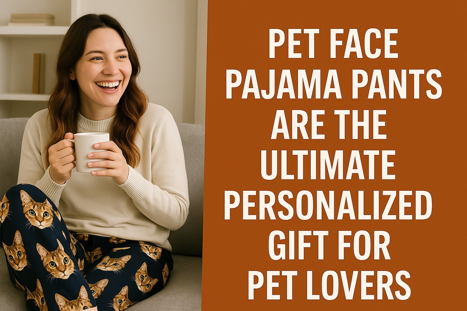 Woman wearing pet face pajama pants featuring her cat, showcasing custom pet face loungewear and personalized pet photo pants as a gift idea