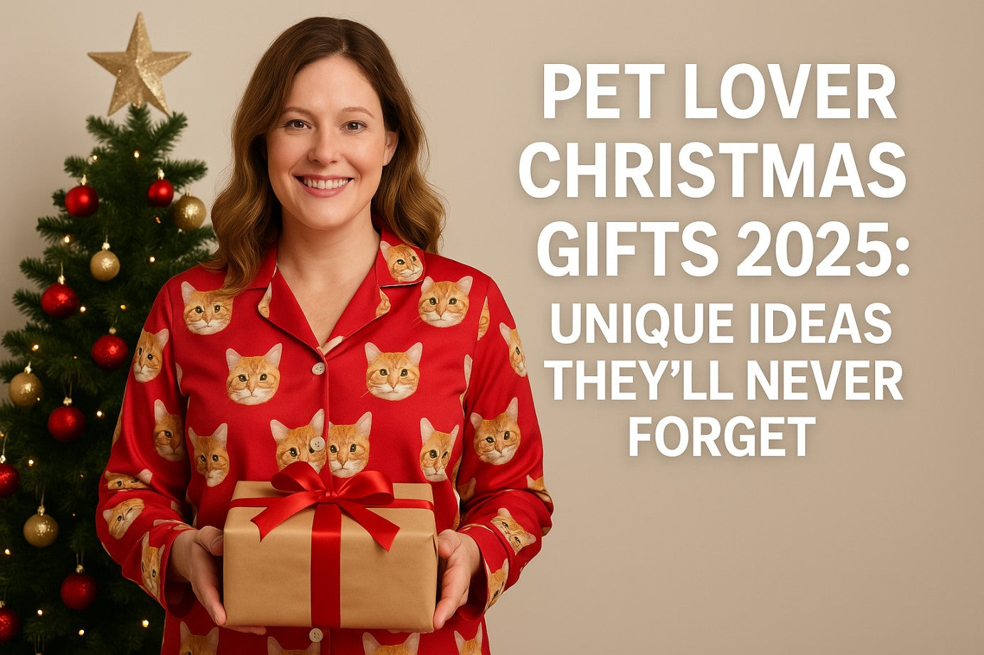 Pet lover Christmas gifts featuring a woman in custom cat face button-up pajamas holding a holiday gift, ideal for personalized pet gifts for Christmas