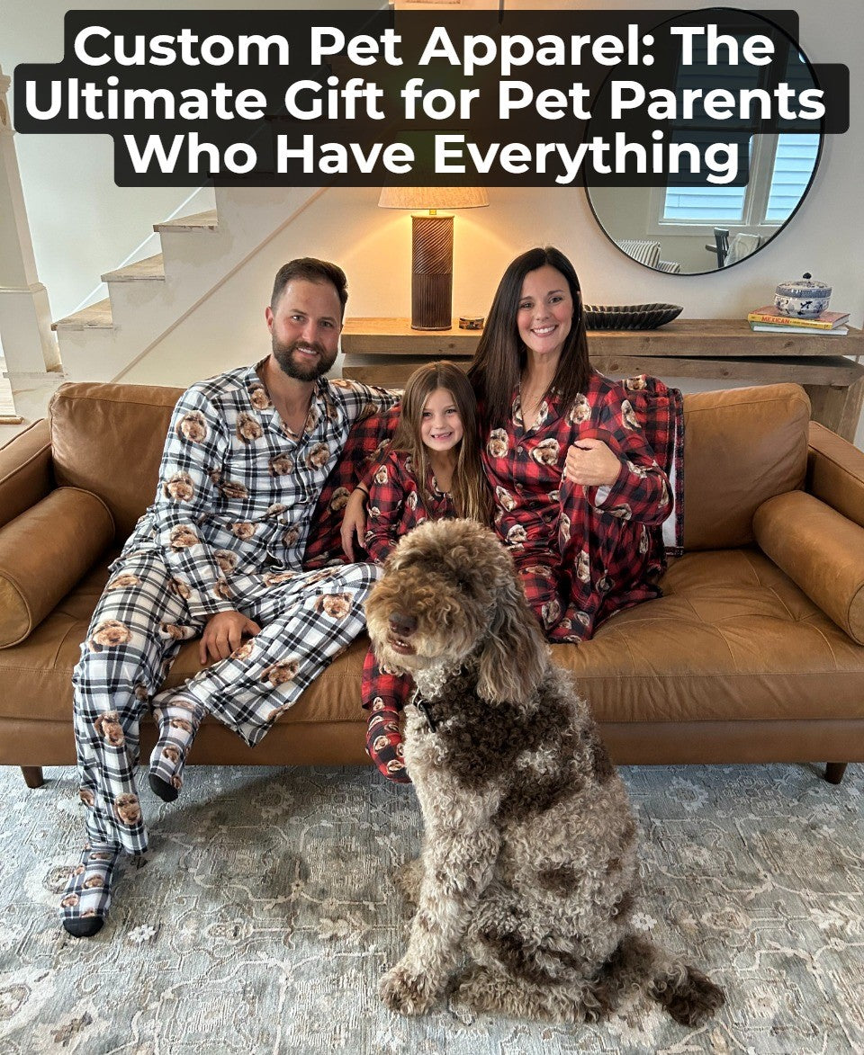 Family in matching custom pet pajamas posing with their dog on a couch.