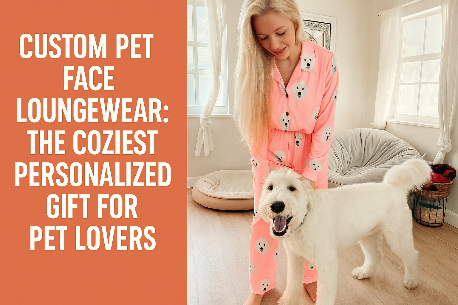 Custom pet face loungewear gift banner showing a woman in personalized pajamas with her dog, perfect cozy gift for pet lovers