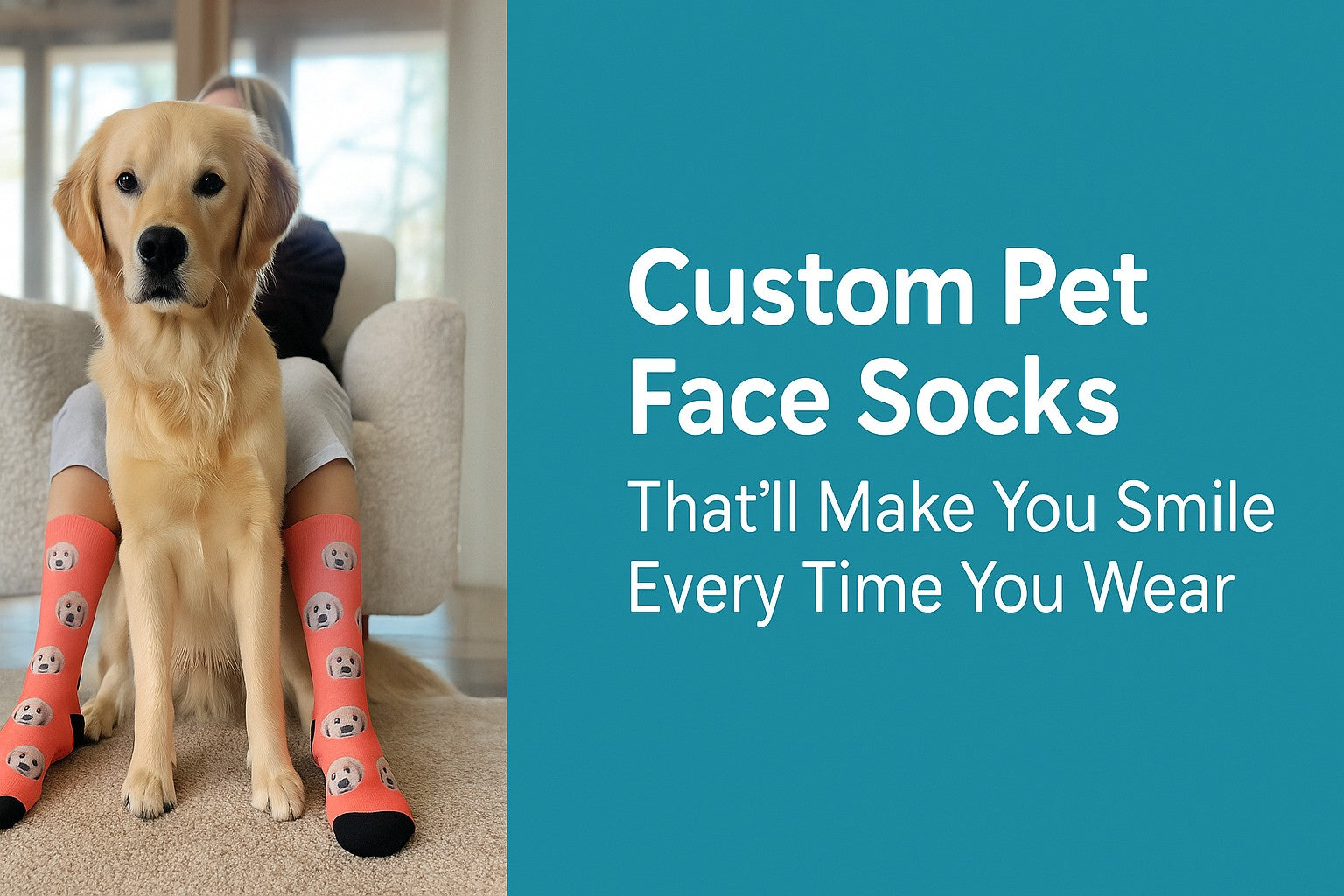 Golden retriever with owner wearing custom pet face socks – personalized dog photo socks that make the perfect gift for pet lovers