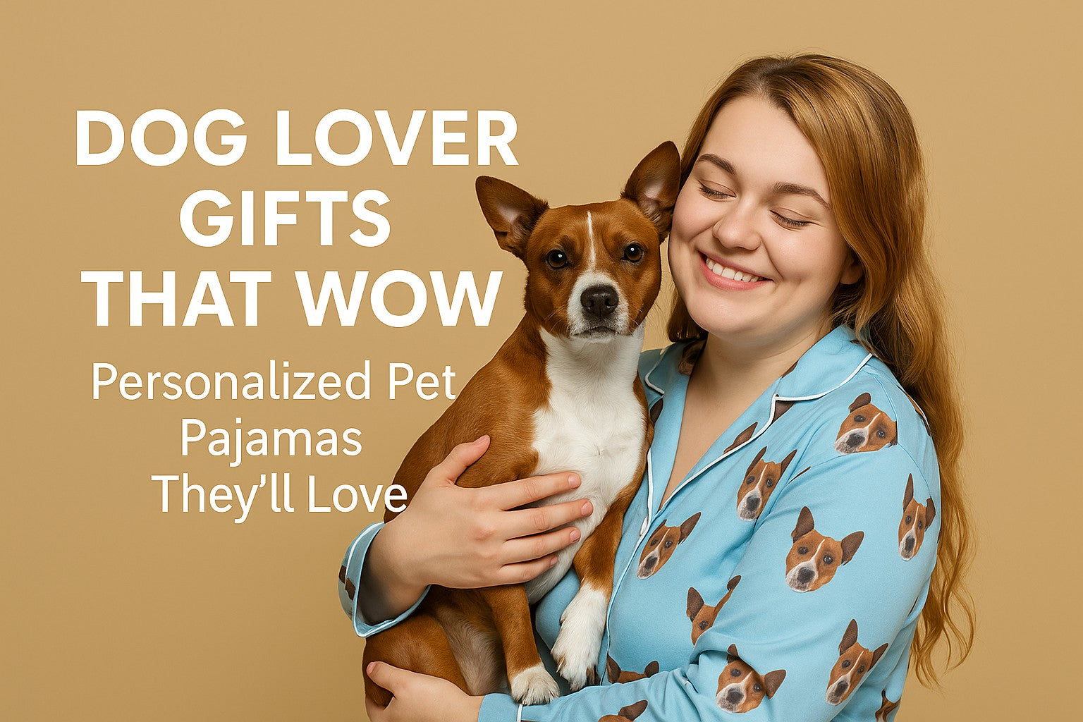 Smiling woman in custom dog pajamas holding her Boston Terrier, showcasing dog lover gifts and personalized pet pajamas