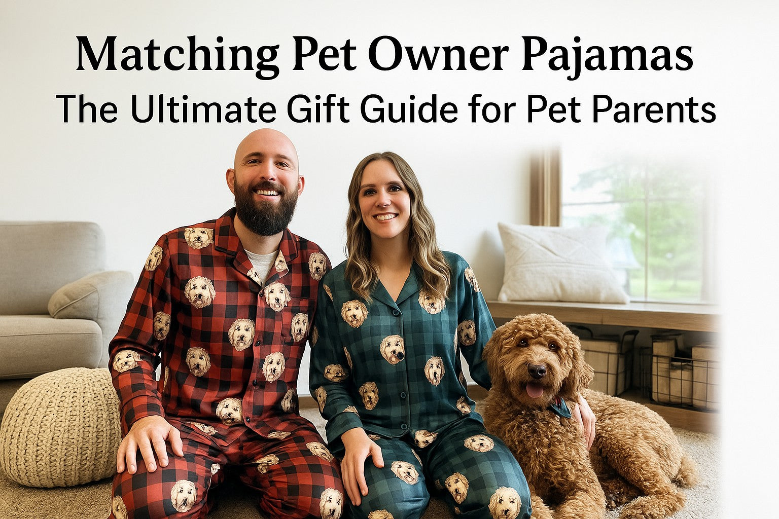 Matching pet owner pajamas worn by couple with custom dog face prints — the perfect custom pet owner pajama set