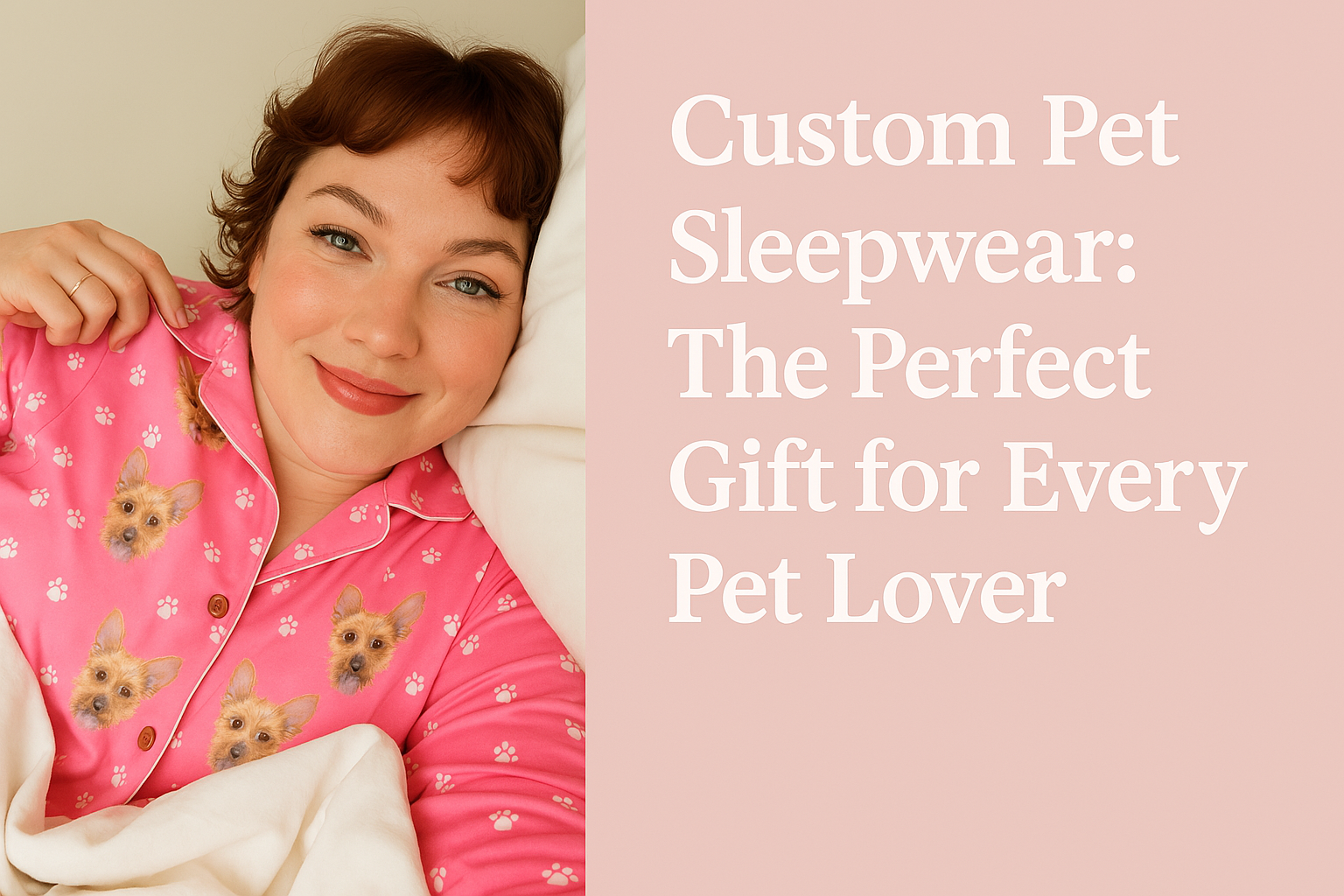 A woman wearing personalized pet pajamas featuring her dog's face, lying in bed with a smile, representing custom pet sleepwear as a thoughtful gift for pet lovers.
