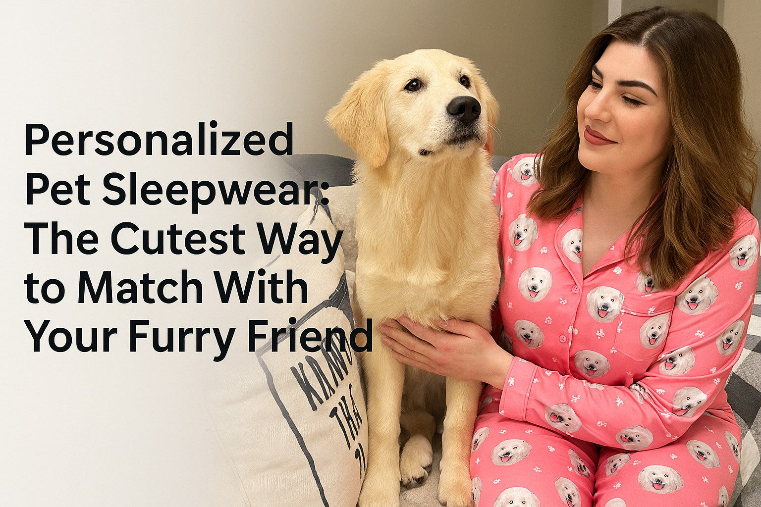 Woman and golden retriever in matching personalized pet sleepwear sitting on a couch, showcasing custom dog pajamas for cozy pet photo nightwear promotion