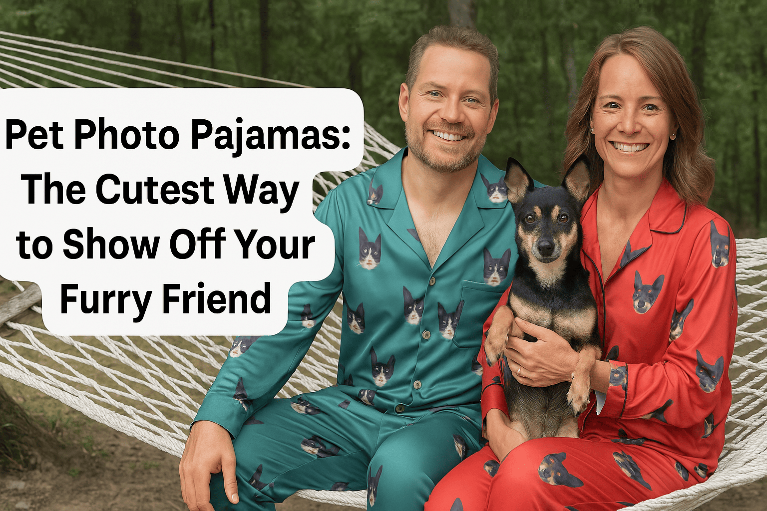 Couple in custom pet photo pajamas with their dog, showcasing personalized pet face sleepwear and loungewear