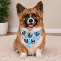 Brown dog wearing a blue custom bandana with its face