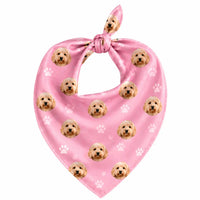 Pink custom pet face bandana featuring multiple dog portraits