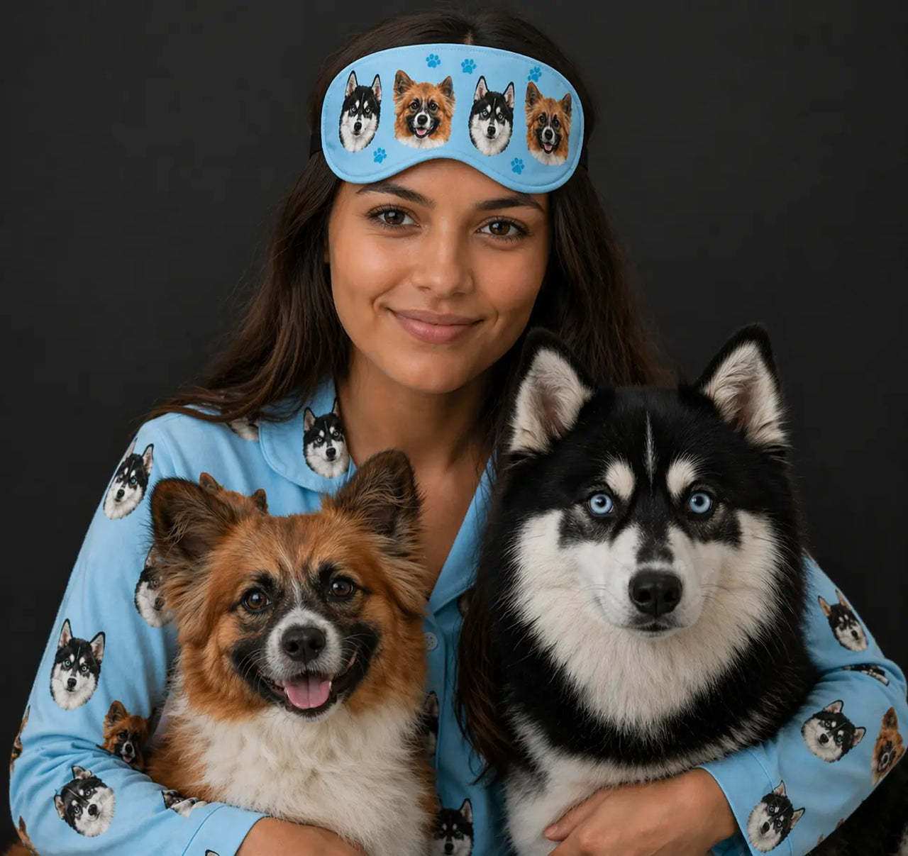 Woman wearing a custom pet face sleep mask with her dogs