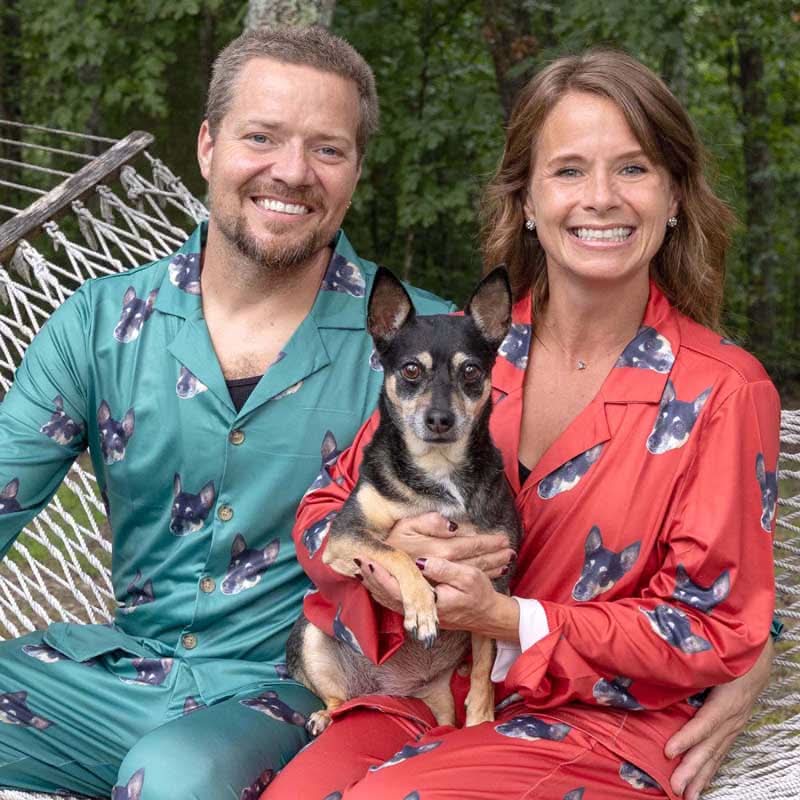 Matching pet owner pajamas with personalized dog designs