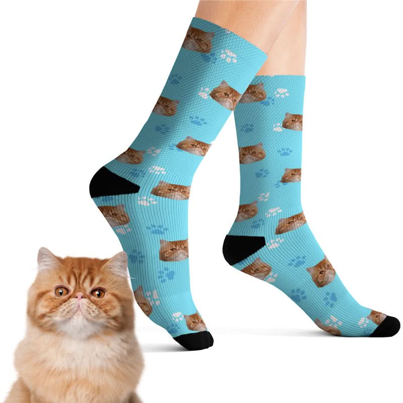 Personalized pet face socks in blue with custom pet design