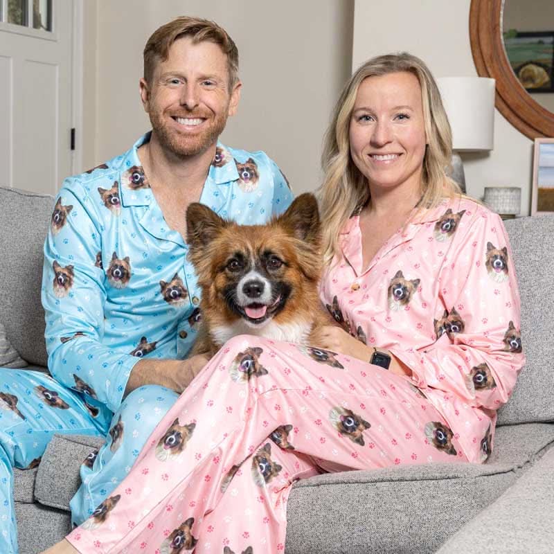 Personalized pet pajamas with matching couple wearing custom designs